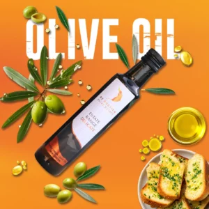 Virgin olive oil promotional graphic featuring olive branches, fresh olives, garlic bread, and a De Rustica olive oil bottle on an orange background.