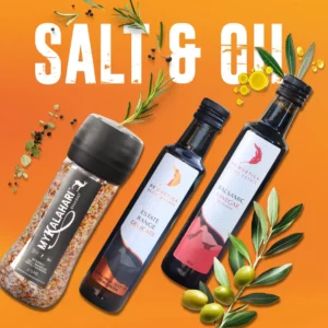 Olive oil and balsamic vinegar combo promotional graphic with braai salt seasoning, olive branches, herbs, and cooking ingredients on an orange background.