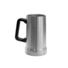 Stainless steel beer stein with durable black handle, brushed metal finish, and classic tankard design for cold beer, craft brews, and outdoor entertaining.