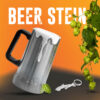 Beer Stein Stainless steel beer stein with frothy beer effect, hops, and bottle opener on an orange background, highlighting a stylish beer mug for beer enthusiasts and gifting.