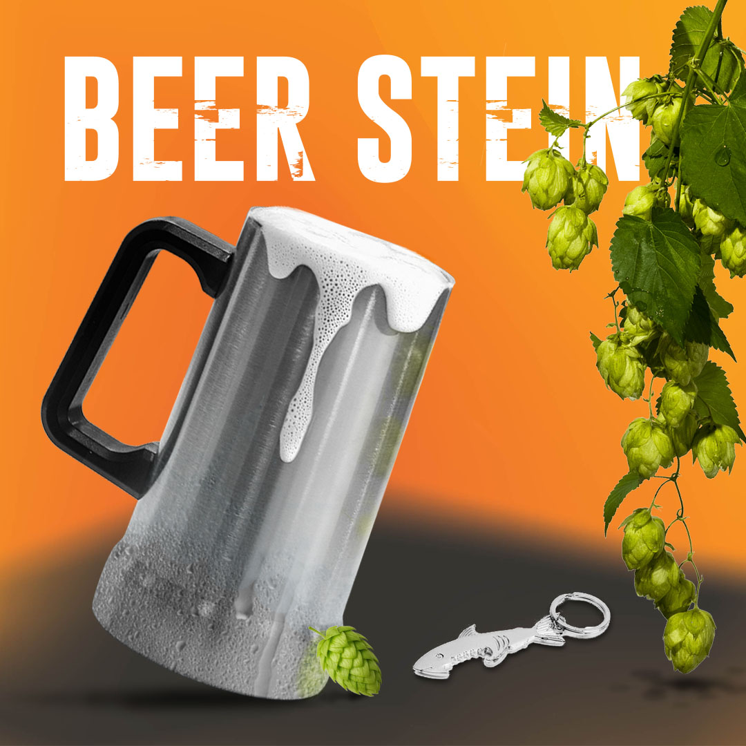 Beer Stein Stainless steel beer stein with frothy beer effect, hops, and bottle opener on an orange background, highlighting a stylish beer mug for beer enthusiasts and gifting.