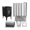 METAVILA FIREPLACE 580 NANO Fireplace with complete flue kit including steel chimney pipes, insulation, flashing, and cowl for indoor wood-burning heating installation.