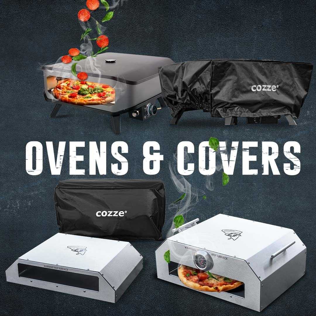 Selection of Cozze pizza ovens and protective covers displayed together, showcasing must-have pizza accessories for home cooking