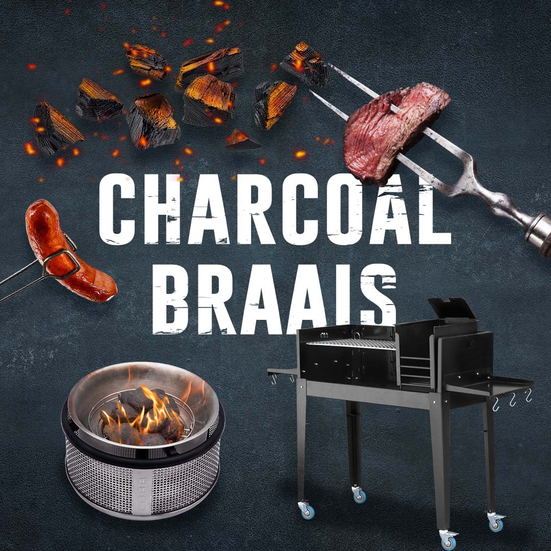 Charcoal Braai banner with flying coals, steak on fork, boerewors tong, portable fire pit and large wheeled charcoal braai.