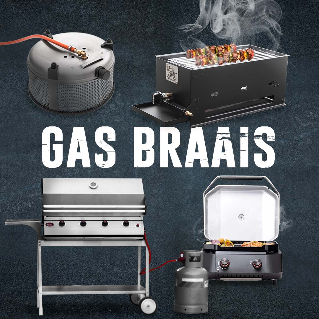 Gas braai range: tabletop skewer grill smoking, portable griddle with LPG cylinder, stainless steel freestanding 4-burner gas braai, and round gas burner.