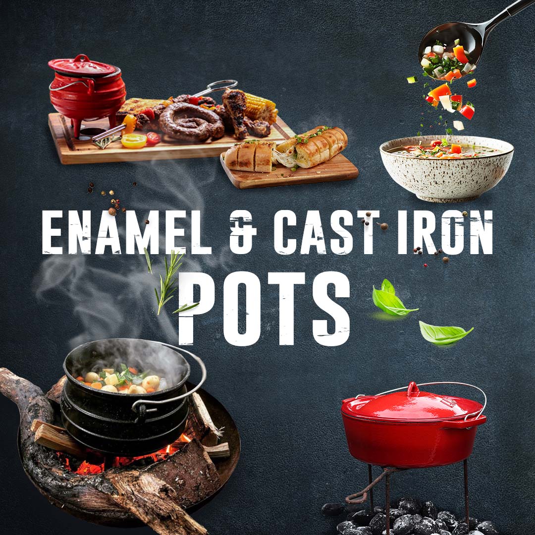 Enamel and cast iron pots banner promoting cast iron cookware for sale—black potjie over fire, red enamel Dutch oven on coals, soup bowl and serving ladle.