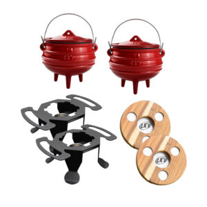 Brands - LK's LK's Potjie Cooker for #1/4 Size Potjies (Set of 2) with 2 x Red 3-Legged #1/4 Size Potjies and 2 x #1/4 Size Potjie Coasters COMBO